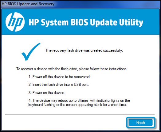 The recovery flash drive was created successfully in HP System BIOS Update Utility