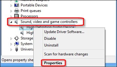 Image of Device Manager, audio device properties