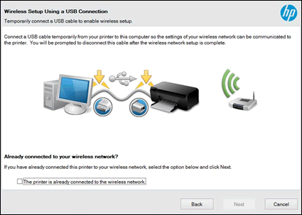 Exemplo da tela de Configuração da conexão sem fio usando uma conexão USB