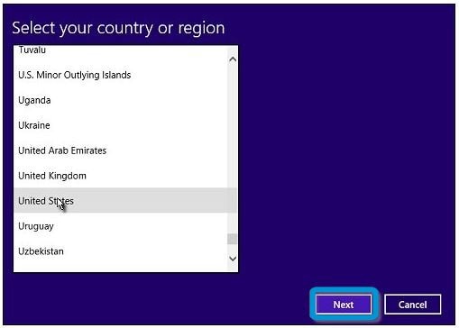 Lista desplegable Seleccione su país o región, con Estados Unidos seleccionado y Siguiente rodeado en azul