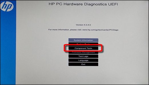 Component Tests selected from the Hardware Diagnostics UEFI screen