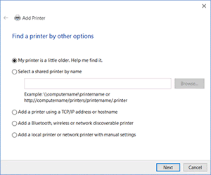 Example of Find a printer by other options window