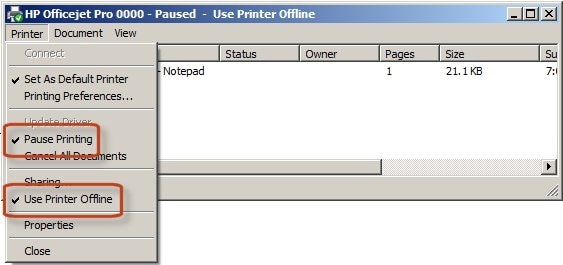 Image: Example of the Pause and User Printer Offline selections.