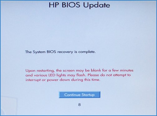  Pantalla de actualización del BIOS HP con el botón Continuar inicio