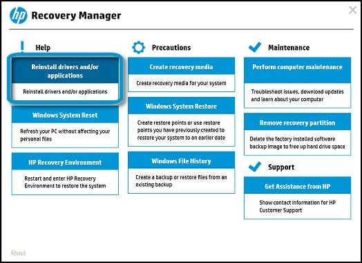 Reinstall drivers and/or applications in the HP Recovery Manager menu