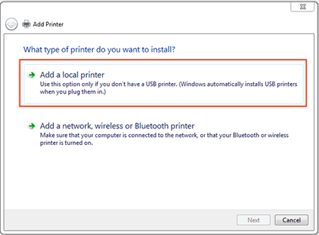 Example of the What type of printer do you want to install? window