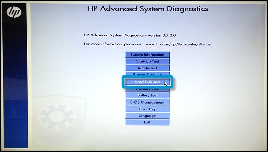 HP Advanced System Diagnostics screen with Hard Disk Test selected