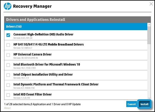 Install audio driver in HP Recovery Manager