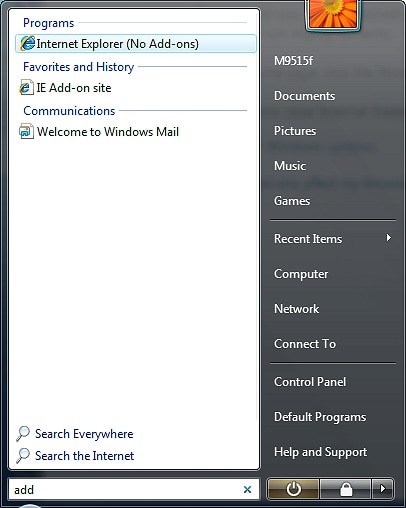 Start menu showing Internet Explorer (No Add-ons) link