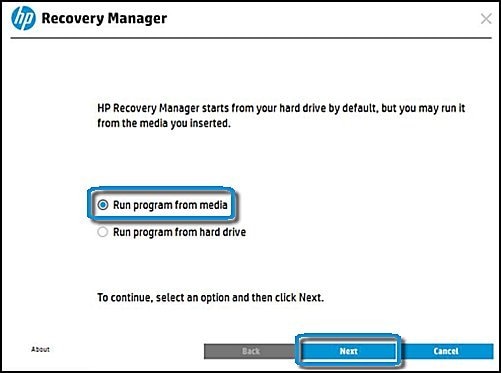 Recovery manager с выбранными параметрами Запуск программы с носителя и Далее