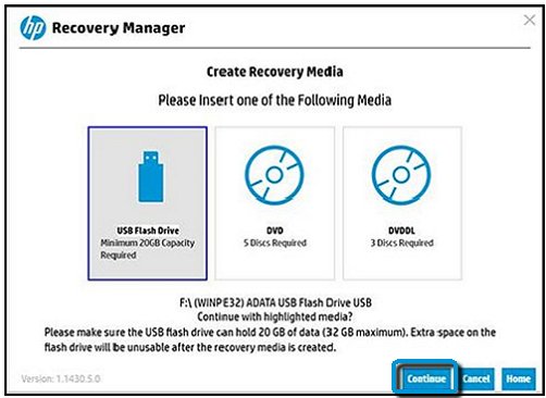 Recovery Manager с выбранным флэш-накопителем USB