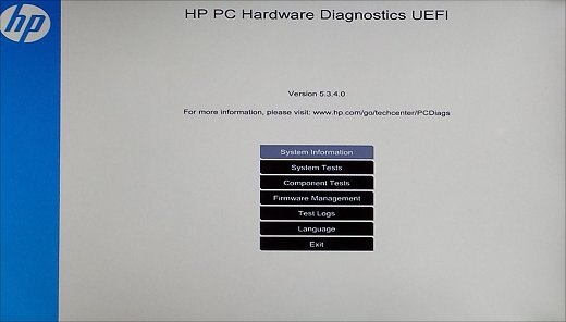 Tela HP PC Hardware Diagnostics UEFI