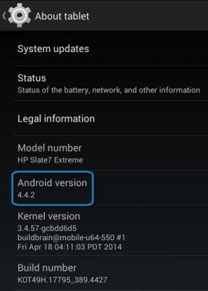 Android version in the About tablet menu
