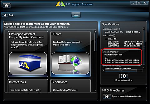 System memory information selected on the Support Assistant screen