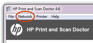 Image: Click Network in the HP Print and Scan Doctor window.