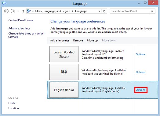 Image of Language window with Options selected