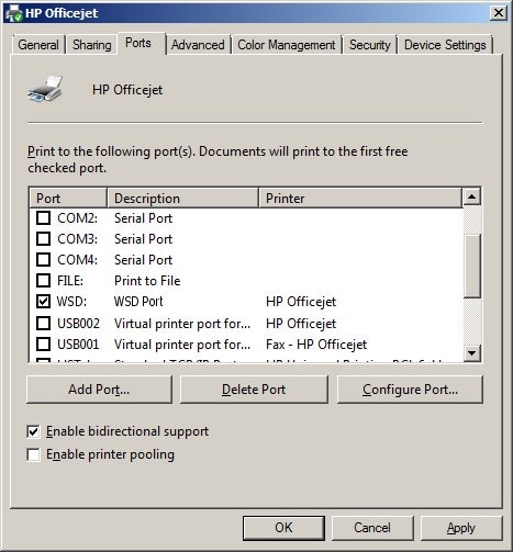  Printer properties window with the ports tab selected and a WSD printer port selected