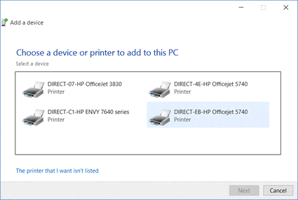 Example of printers found in the Choose a device or printer to add window