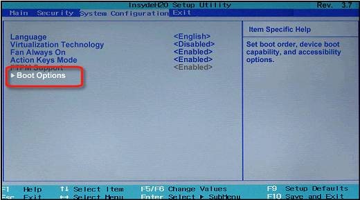 Boot Options selection in the System Configuration window