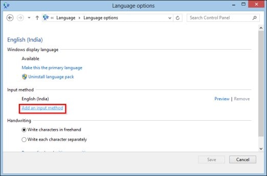 Image of language options window  with Add an input method selected