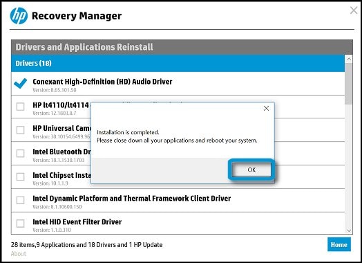 Driver installation is completed in HP Recovery Manager