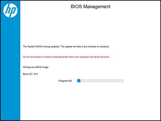BIOS Management: Writing new BIOS image progress