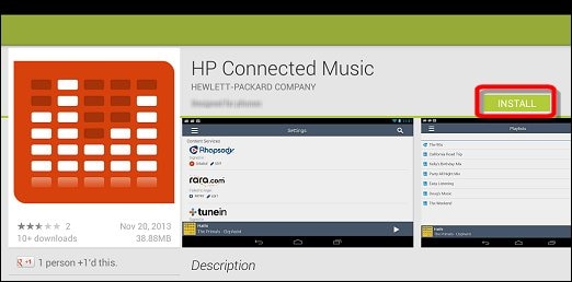 Tela de instalação do aplicativo HP Connected Music