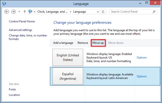 Image of Language window with Move up selected.