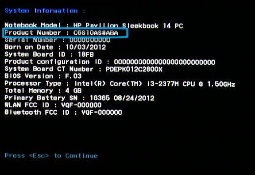BIOS system information showing the product number