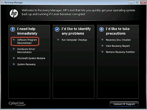  Recovery Manager Welcome screen with software program reinstallation selection