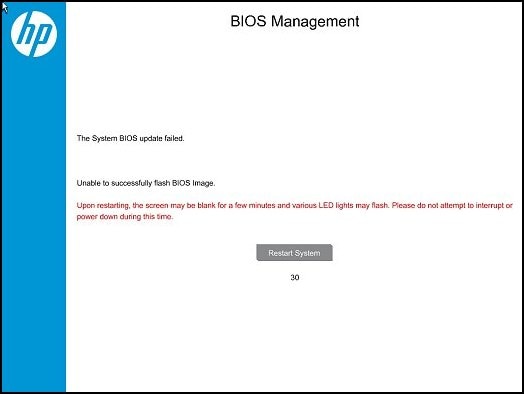 BIOS Management: The System BIOS update failed