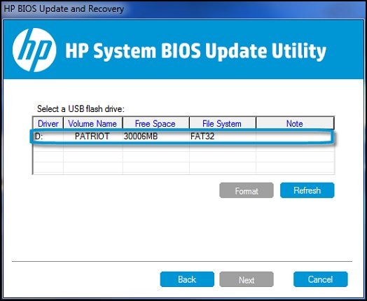 Select a USB flash drive in HP System BIOS Update Utility