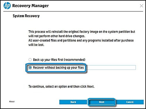 Восстановление системы с выбранными пунктами "Восстанавливать без резервного копирования файлов" и "Далее"