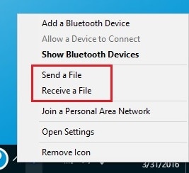 Paramètre Bluetooth correct : Les options d’envoi et de réception Bluetooth sont disponibles.
