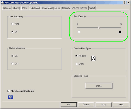 La sección "Densidad de impresión" en la ventana Propiedades, ficha Configuración de dispositivos (captura de pantalla)