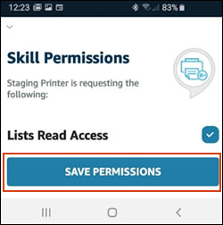 Saving permissions for the HP Printer skill