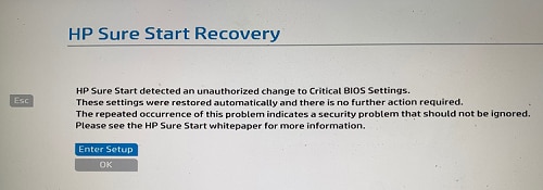 HP Sure Start Recovery message