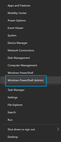 Location of the Windows PowerShell (Admin) option