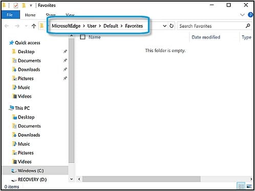 The Microsoft Edge User Default Favorites folder in File Explorer