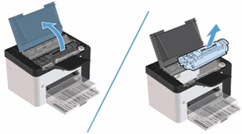 Illustration of opening the print cartridge door, and then removing the print cartridge.