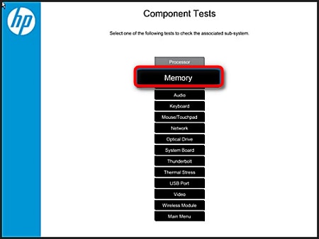 Opzione Memoria nel menu Test dei componenti