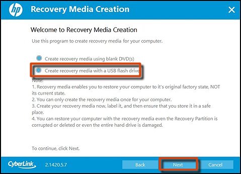 Crear medios de recuperación con una unidad flash USB y la opción Siguiente seleccionada