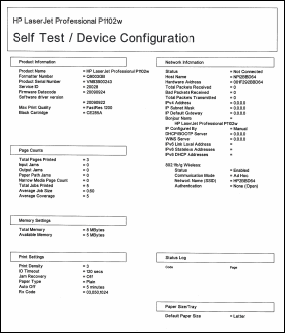 Example shows the Self Test/Device Configuration  page