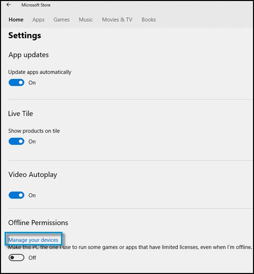 Store settings with manage your devices selected