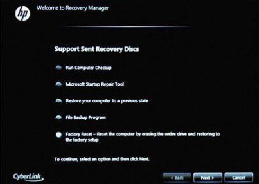 Recovery Manager con los discos de recuperación enviados por HP