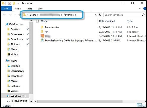 User Account Favorites folder in File Explorer