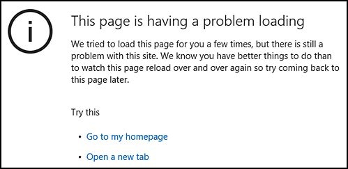 An Edge error message indicating a webpage is having a problem loading