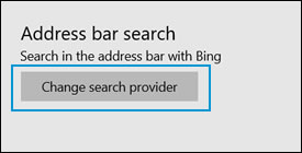 The Address bar search area in settings with the Change search provider button highlighted