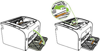 Illustration:  Remove any tape and packing material from the paper tray and the output tray.