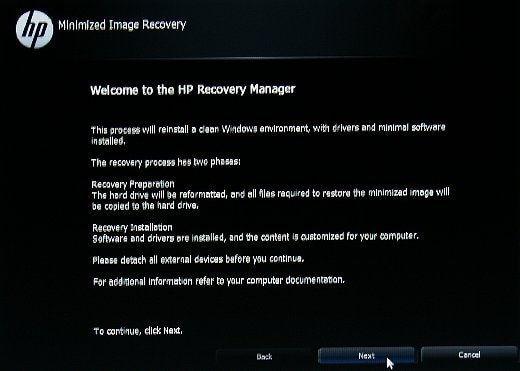Recovery Manager Welcome screen